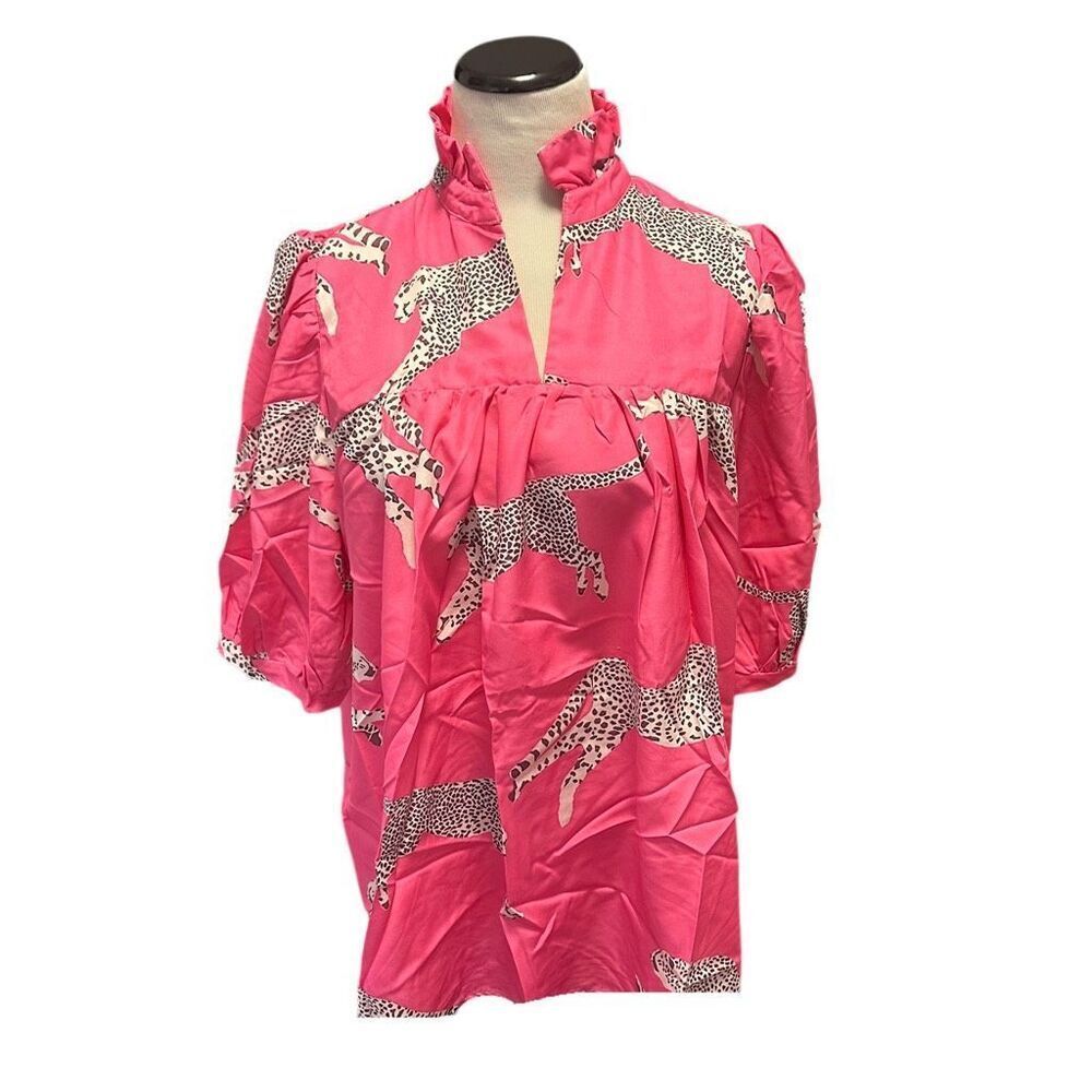 New! Pink Leopard Tunic With Ruffled Collar Sz 3XL